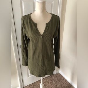 Womens V Neck Waffle Knit Shirts Long Sleeve Loose Fitting